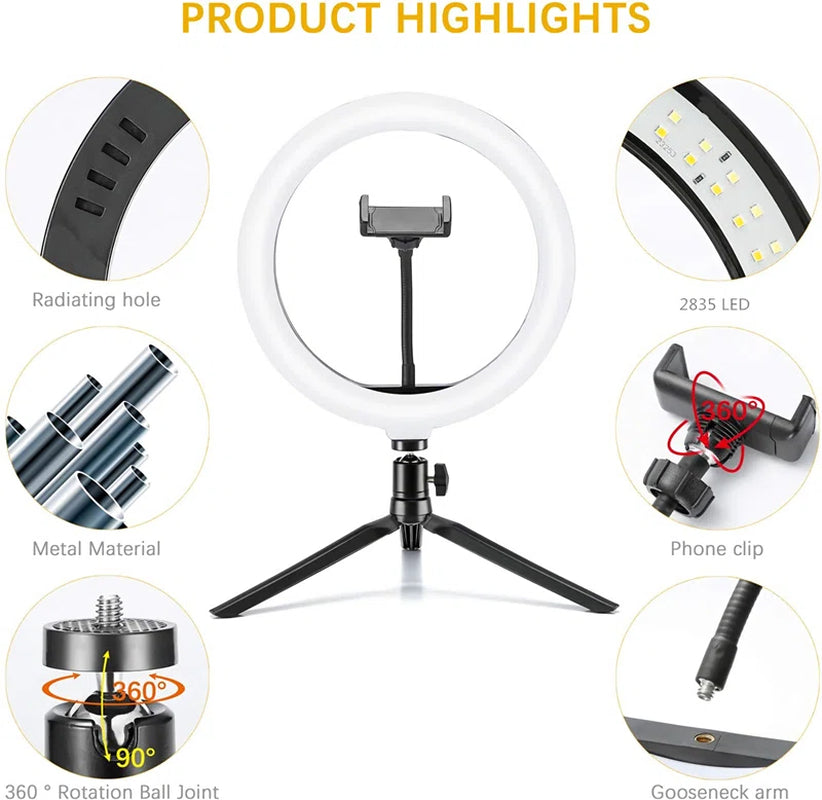 10" Ring Light with Tripod and Cellphone Holder Dimmable